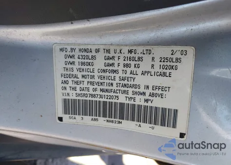 2003 Honda Cr-V Ex z USA, uszkodzony, nr VIN SHSRD78873U122075